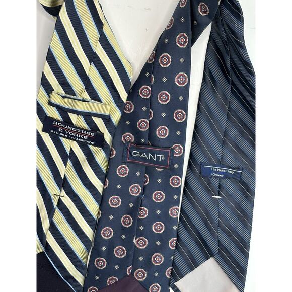Silk & Polyester Neck Ties (LOT OF 3) Navy Blue Gold Men Tie Roundtree Gant - Picture 2 of 6